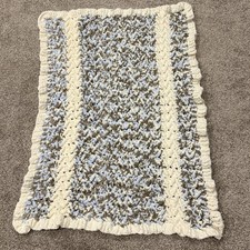 Handmade Crochet Baby Blanket 34x45 Chenille Blue Brown Cream Soft Plush