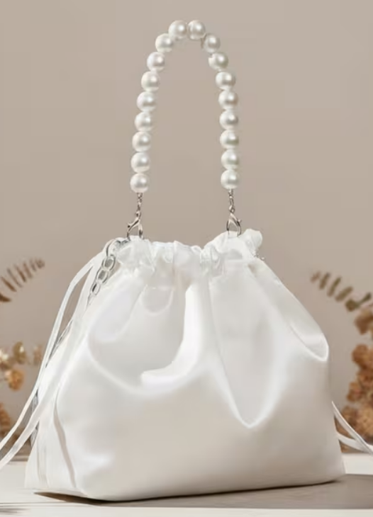 Bridal White Wedding Purse Bag with pearl handle and chain
