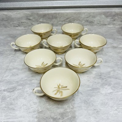 Set Of 8 Lenox Harvest Gold Wheat Footed Cups and Saucers 2 1/8