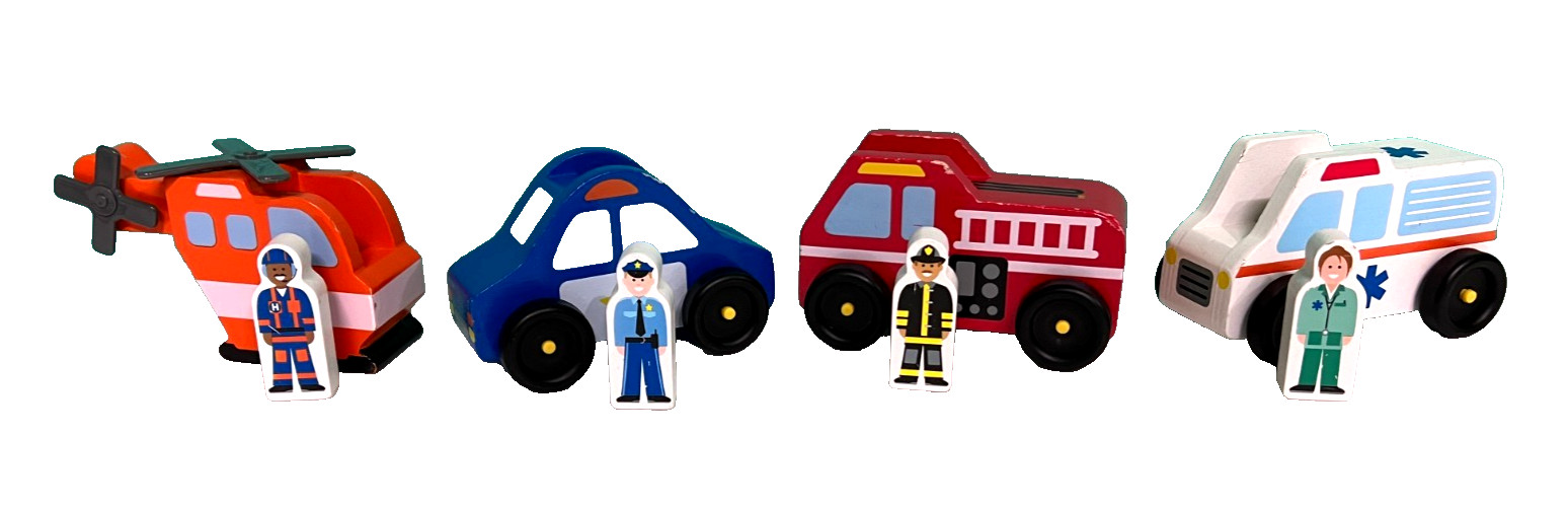 Melissa & Doug Emergency Vehicle Wooden Play Set 4 Vehicles & 4 Figures-A2
