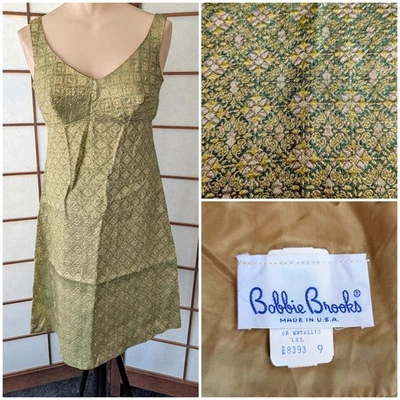 Vtg 1960s Bobby Brooks Metallic Gold & Green Mini Dress Bullet Bra Mod GoGo XS/S - Photo 1/4