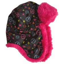 Girls Black  Pink Plush Peace  Hearts Trapper Hat