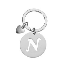 Initial Letter KeyChain, Disc Letter A-Z Heart Charm Keyring, Silver N 
