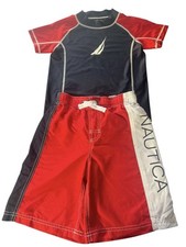 Nautica Boys Shorts Swim Trunks Shirt Red Blue White Two Piece Set Size 7x