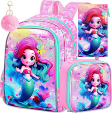 3PCS Mermaid Backpack for Girls, 16'' Kids Preschool Bookbag with Lunch Box, Cut