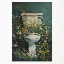 Floral Bathroom Canvas Wall Art, Colorful Flowers Dark Green Aesthetic Poster...