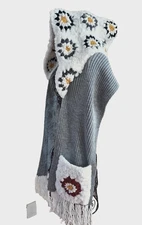 NEW Hand-Knitted Scarf Granny Squares Plush Yarn Hood &Pockets Fringe Gray White