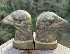 Pair of Brass American Bald Eagle Head Bust Matching Bookends Heavy Patriotic
