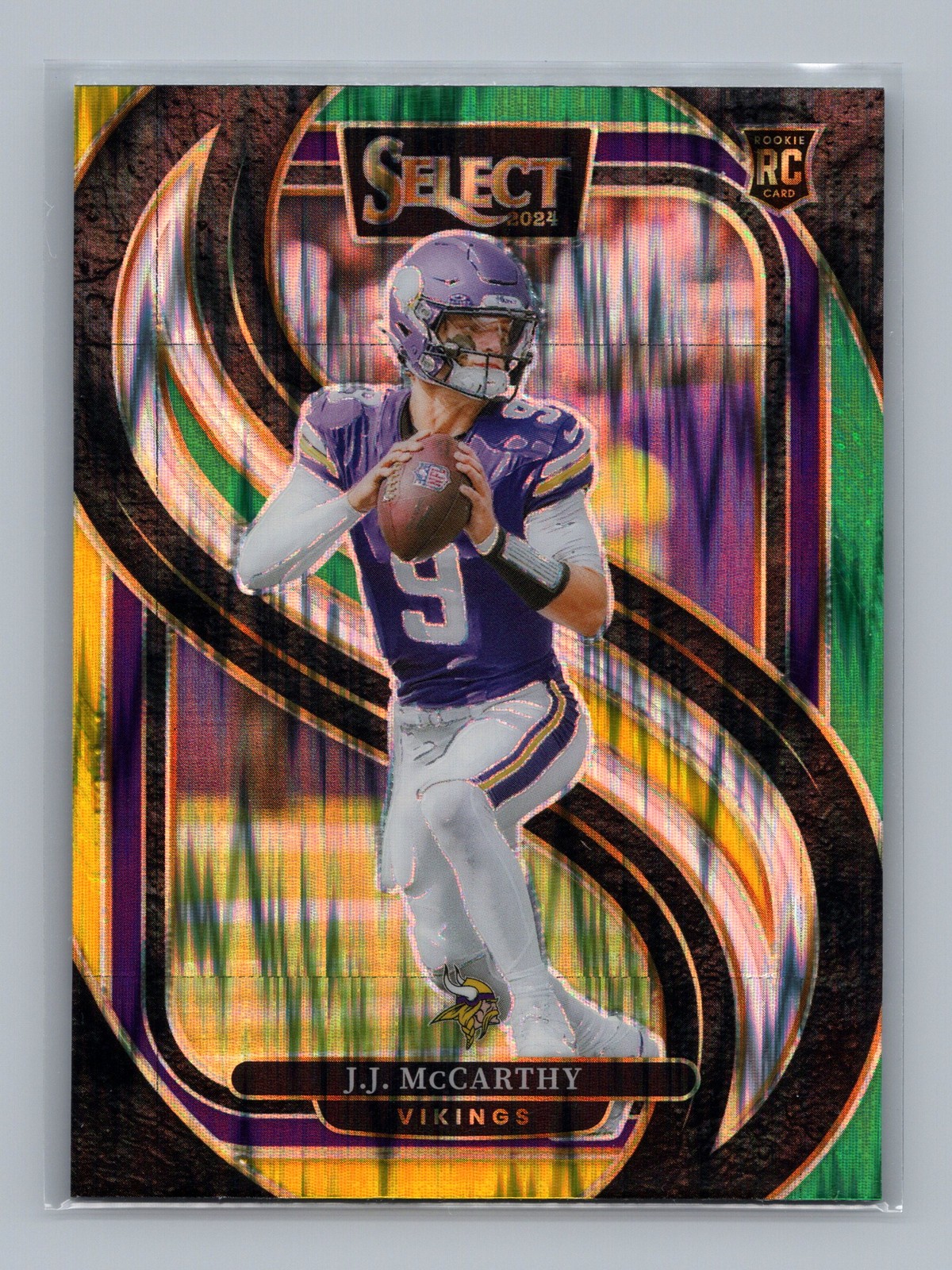 2024 Select J.J. McCarthy #134 Green & Yellow Prizm Shock Minnesota Vikings