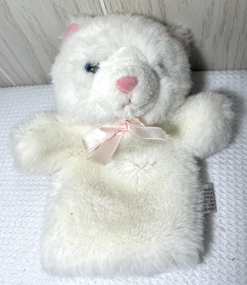 White Kitty Cat Plush Hand Puppet with Pink Bow & Blue Eyes