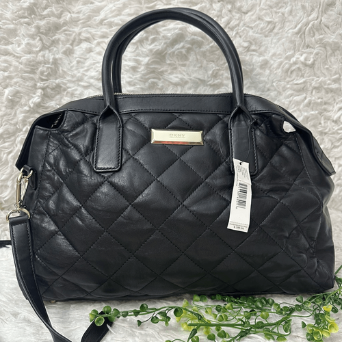 DKNY Quilted Black Napa Lamb Leather Large Zip Tote Shoulder Bag Convertible New - Picture 2 of 12