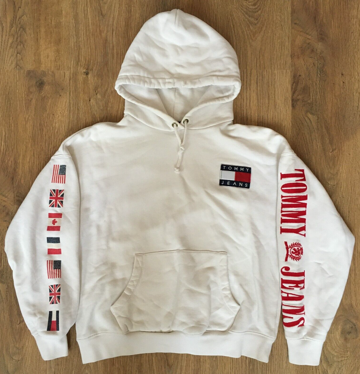 White Hilfiger 90s Hoodie Tommy Hilfiger Jeans Mens Flags Big