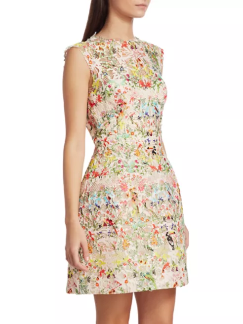 NWT $2,494 Monique Lhuillier Paradise Print Lace Cap-Sleeve Mini Dress Size 4 NWT $2,494 Monique Lhuillier Paradise Print Lace Cap-Sleeve Mini Dress Size 4