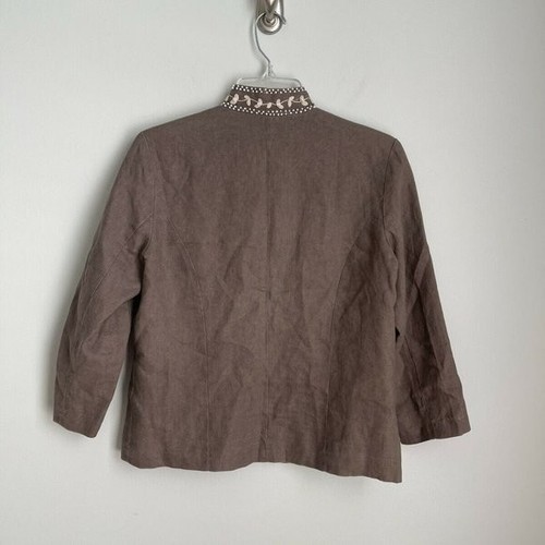 Chicos 0 Beige Linen Embroidered 3/4 Sleeve Open Front Jacket Size Small - Picture 3 of 5