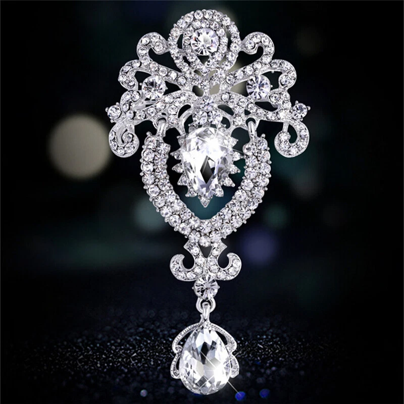 Silver Large Flower Bridal Brooch Rhinestone Crystal Diamante Wedding Broach au