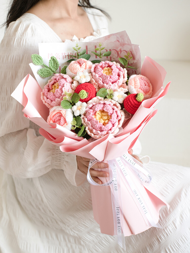 Knitted Flower Crochet Bouquet Fruit Peony Finished Flower Hand