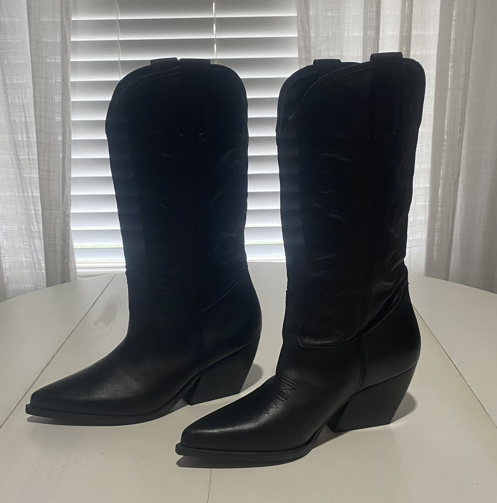 Steve Madden West Black Leather Western Boots Block Heel Size 8.5