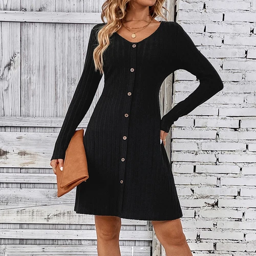 Womens Long Sleeve Button Jumper Dress Ladies Waist Retraction V Neck Dresses - Foto 3 di 13