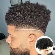 8mm Afro Curly Human Hair Toupee Hairpieces for Men Skin PU Base Black Man Wig