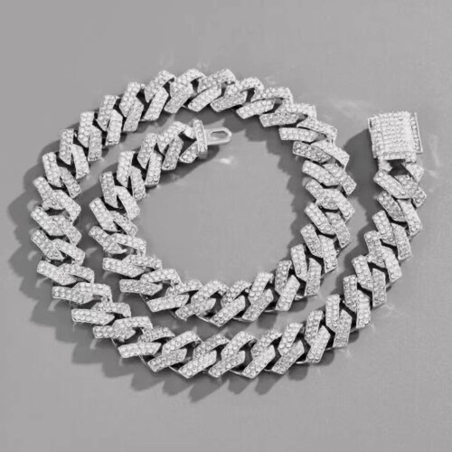 Set Catena Bracciale Maglia Cubana Uomo Placcato Oro Bianco 15 mm Zirconia Fuori Miami - Foto 5 di 12