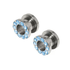 Screw Fit Ear Plugs Gauges with Light Blue CZ Gems Surgical Steel Sold as Pairs