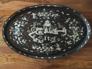 Antique chinese mother pearl wooden oval tray platter wood nacre china vietnam