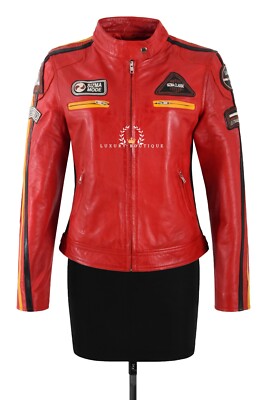 SIZMA Damen Echtlederjacke rot klassisch Retro Motorrad Rennfahrer Style Jacke