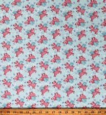 Cotton When Pigs Fly Animals Flowers Blue Fabric Print by the Yard D783.99