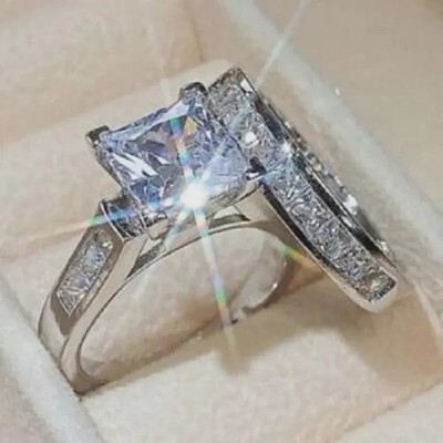 2.60 Ct Princess-Cut EF/VS1 Lab Grown Diamond Engagement Ring Set 14k White Gold