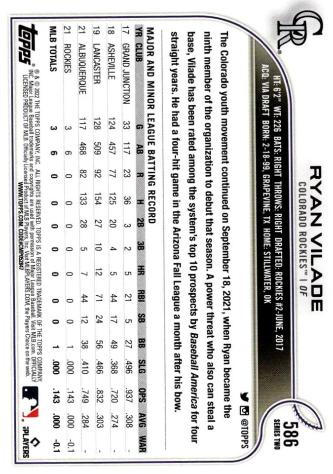 2022 Topps Blue Ryan Vilade Rookie Colorado Rockies #586 - Image 2 of 2