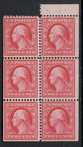 SCOTT#332a, 2c BOOKLET PANE OF SIX. MISSING LEFT TAB.