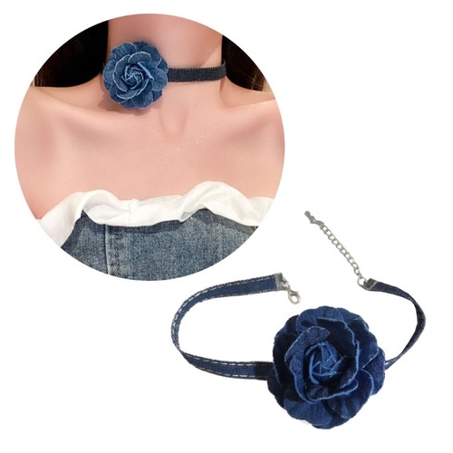 Exaggerated Big Flower Necklace Flower Denim Choker Necklace Fashion Jewelry - Picture 3 of 10