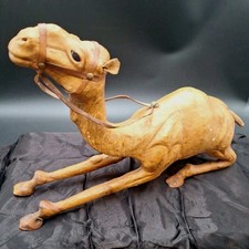 Vintage Large Leather Hand Wrapped Camel Kneeling Figurine W-Glass Eyes Used