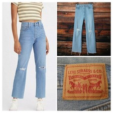 Levis Jeans 26 Ribcage Straight Ankle High Rise Button Fly Distressed Raw Hem