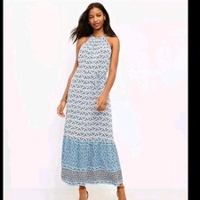 LOFT Petite Floral Maxi Dress Halter Neck Tie Waist Blue White S
