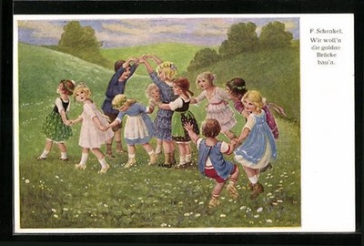 Artist postcard Franziska Schenkel: children dancing in a pasture 