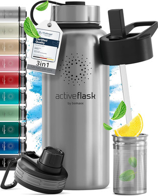 Trinkflasche Edelstahl ACTIVE FLASK + Strohhalm (3 Deckel) Bpa-Frei, Auslaufsich