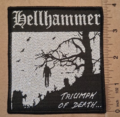 Hellhammer Triumph Of Death Black Border Woven Patch Metallic Silver Threading 