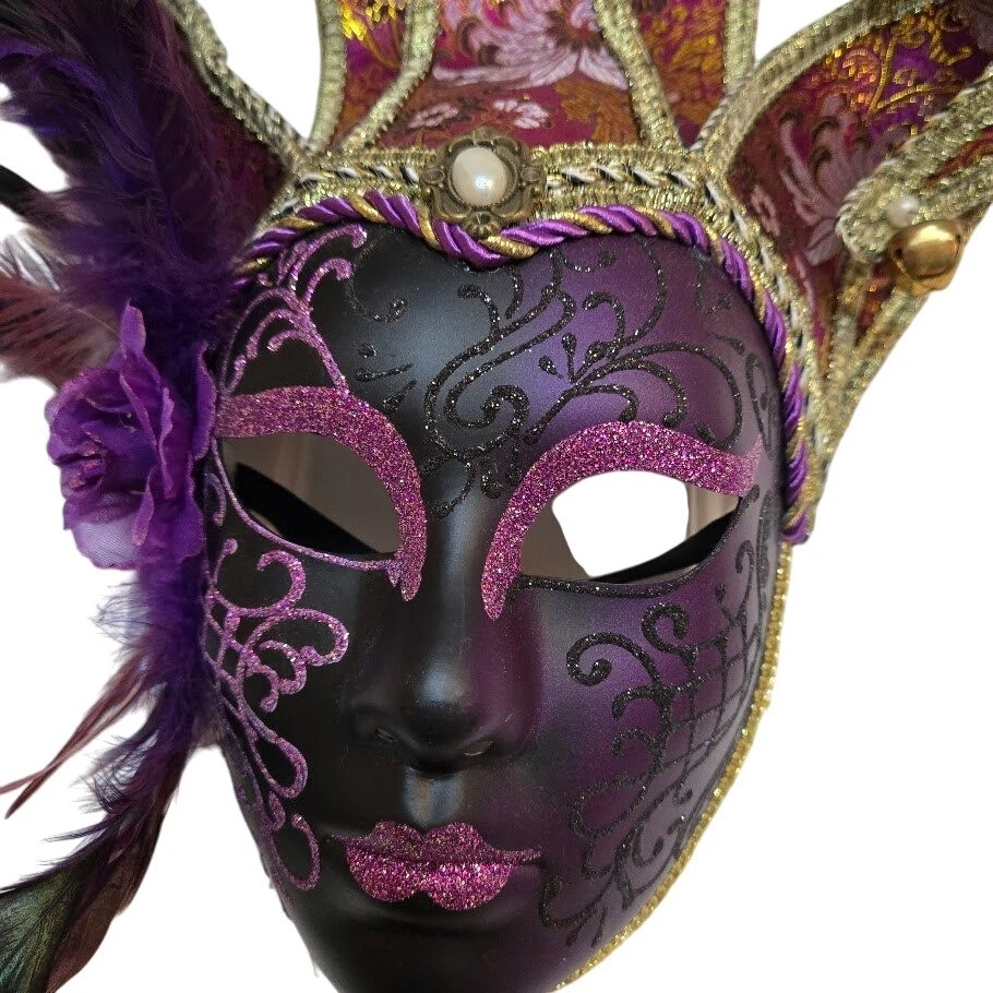 Bufón veneciano cara completa Mardi Gra máscaras brocado púrpura y dorado Foto 2 de 4