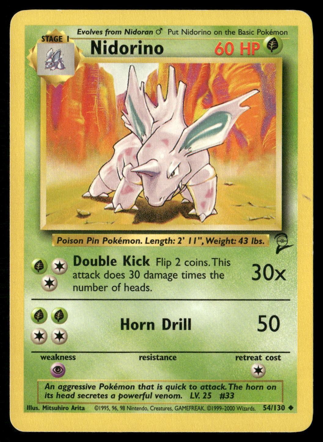 Nidorino 54/130 Uncommon Base Set 2 Pokemon Moderately Played