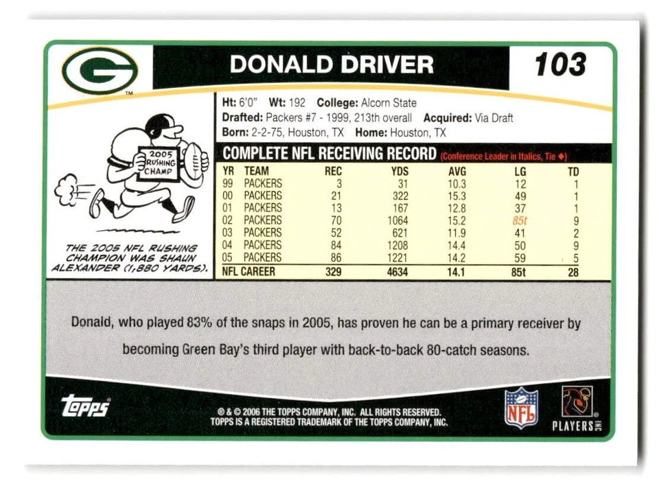 Donald Driver 2006 Topps #103 Green Bay Packers FOOTBALL - Image 2 of 2