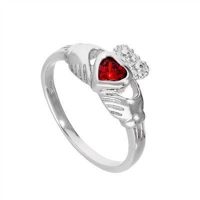 Sterlingsilber & Granat CZ Kristall Januar Geburtsstein Claddagh Ring Größen I - U