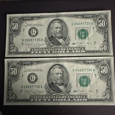 1990 US Fifty Dollar Bills Uncirculated Consecutive Serial Numbers 2 Notes