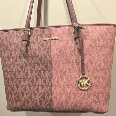 Michael Kors Zip Jet Set Travel Tote Claret Coated Leather Color Block Logo READ