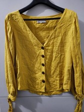 Urban Outfitters Top Women S Mustard Button Up Vneck Sleeve Tie Linen Blend Boho