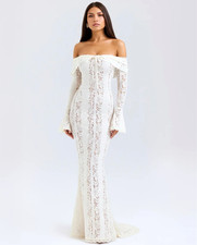 Almond Muse White Off-Shoulder Lace Long Sleeve Mermaid Wedding Dress Train