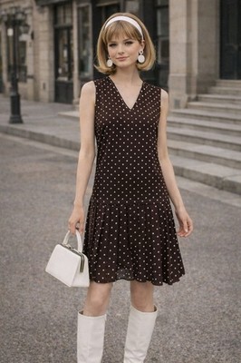 NWT Vtg 70s Brown Polka Dot Dress With Sheer Top Drop Waist Pleated Boho Sz M