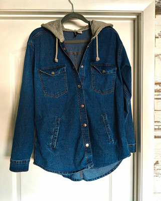 H&M Divided Women s Blue/Gray Hooded Cotton Jacket Button Front Pockets Sz 10