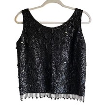 Vintage 1960s Black Beaded Sequin Fringe Blouse Size Small