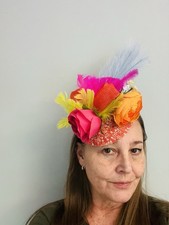 Hat Fascinator Orange Flower Fabric Base Orange Pink Flowers Yellow PinkFeathers